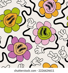 Abstract smiling flower face seamless pattern in 70s hippie style. Daisy blossom background. Funny melting smiling happy flowers characters Cartoon art illustration for retro vintage wallpaper design