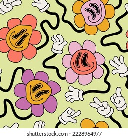 Abstract smiling flower face seamless pattern in 70s hippie style. Daisy blossom background. Funny melting smiling happy flowers characters Cartoon art illustration for retro vintage wallpaper design