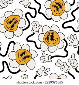 Abstract smiling flower face seamless pattern in 70s hippie style. Daisy blossom background. Funny melting smiling happy flowers characters Cartoon art illustration for retro vintage wallpaper design