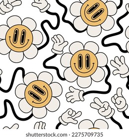 Abstract smiling flower face seamless pattern in 70s hippie style. Big daisy blossom background. Cartoon happy smiling flowers art illustration for retro vintage wallpaper design.