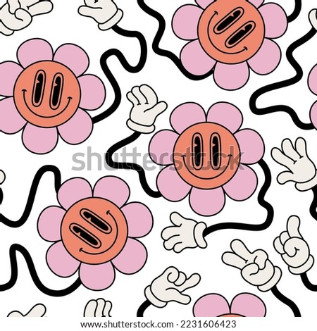 Abstract smiling flower face seamless pattern in 70s hippie style. Big daisy blossom background. Cartoon happy smiling flowers art illustration for retro vintage wallpaper design.