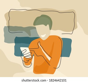 Abstract smiling man with phone in hands - reading or writing message - vector illustration 
