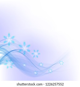 Abstract smoky blue wave on a vector background with snowflakes.