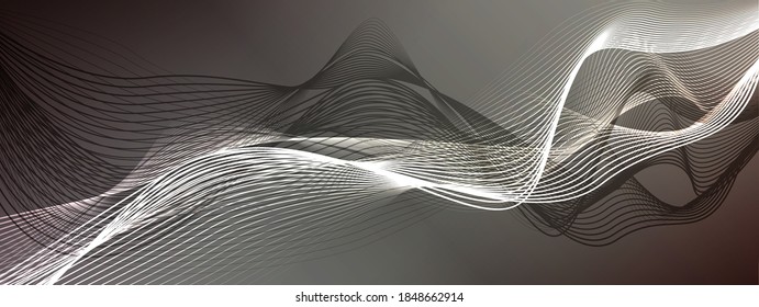 Abstract smoky dark background with wavy dynamic white and black lines. Vector illustration.