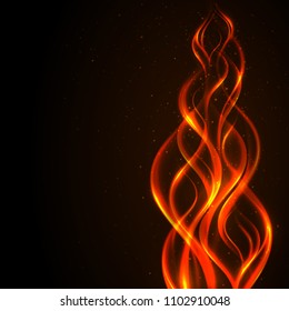 Abstract smoky fire design. Light neon effect. Red smooth lines and waves with sparkling particles on a black background