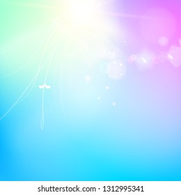 Abstract smooth blue lines and shining purple flow of the magic background. Bright sparks over deep violet space. Underwater sunrays for aqua travel design. Vector illustration.