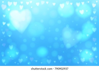Abstract smooth blur blue background with heart-shaped lights over it.