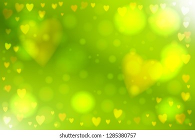 Abstract smooth blur green background with heart-shaped lights over it.
