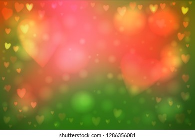 Abstract smooth blur green and orange background with heart-shaped lights over it.
