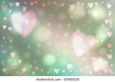 Abstract smooth blur greenish background with heart-shaped lights over it.