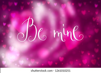 Abstract smooth blur pink background with heart-shaped lights over it and hand written Valentine's day words. Romantic vector illustration.