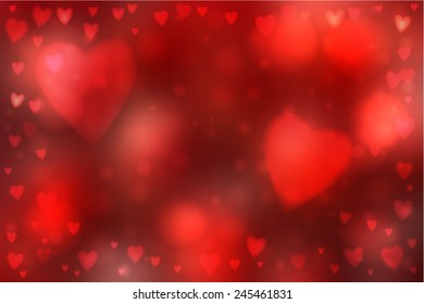 Abstract smooth blur red background with heart-shaped lights over it.