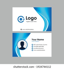 Abstract smooth business card with blue curvy mesh gradient background design, professional blue stylish name card with photo space template vector