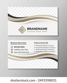 Abstract smooth business card with brown wavy gradient border of photo place on soft grey background design, professional golden stylish name card with photo space template vector illustration.