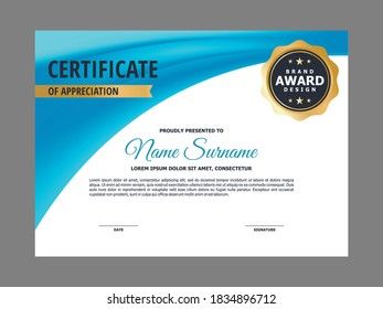 Abstract Smooth Certificate with Blue Curvy Element Design, Professional, Modern, Elegant Certificate with Golden Badge Template Vector