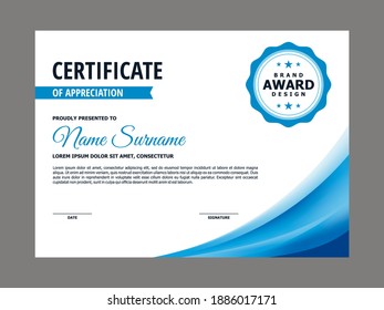 Abstract Smooth Certificate with Blue Curvy Element Design, Professional, Modern, Elegant Certificate with Mesh Gradient Background Template Vector