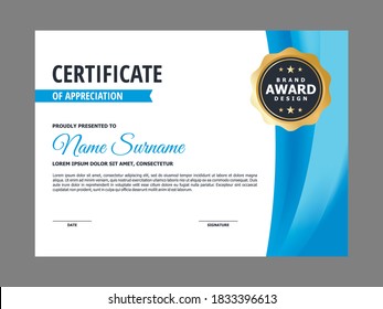 Abstract Smooth Certificate with Blue Dynamic Element Design, Professional, Modern, Elegant Certificate with Golden Badge Template Vector
