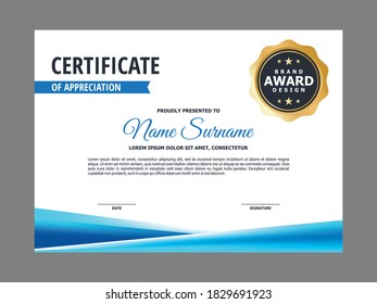Abstract Smooth Certificate with Blue Geometric Element Design, Professional Modern Certificate with Golden Badge Template Vector