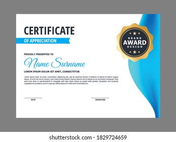 Abstraktes, glattes Zertifikat mit blauem Wavy-Element-Design, modernes Professional-Zertifikat mit goldenem Badge-Vorlagenvektor
