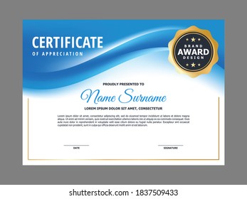 Abstract Smooth Certificate with Blue Wavy Element Design, Professional, Modern, Elegant Certificate with Golden Badge Template Vector