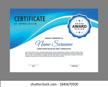 Abstract Smooth Certificate with Blue Wavy Element Design, Professional, Modern, Elegant Certificate Template Vector
