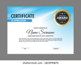 Abstract Smooth Certificate with Blurry Blue Element Design, Professional Modern Certificate with Golden Badge Sign Template Vector