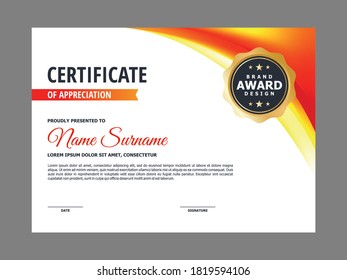 Abstract Smooth Certificate with Blurry Orange Curvy Element Design, Professional Modern Certificate with Golden Badge Sign Template Vector