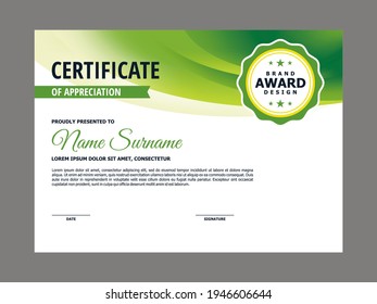 Abstract Smooth Certificate with Fresh Green Curvy Element Design, Professional, Modern, Elegant Certificate with Natural Green Mesh Gradient Background Template Vector