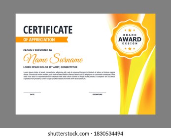 Resumen de un certificado liso con diseño de elemento amarillo fresco, vector profesional de plantilla de certificado moderno