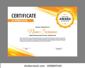 Abstract Smooth Certificate with Fresh Yellow Orange Corner Element Design, Professional, Modern, Elegant Certificate Template Vector