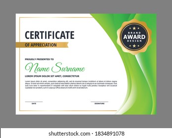 Abstract Smooth Certificate with Natural Green Flowing Element Design, Professional, Modern, Elegant Certificate with Golden Badge Template Vector