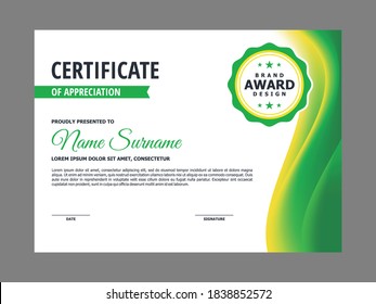 Abstract Smooth Certificate with Natural Green Yellow Wavy Element Design, Professional, Modern, Elegant Certificate Template Vector