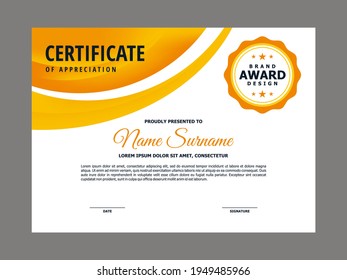 Abstract Smooth Certificate with Orange Curve Element Design, Professional, Modern, Elegant Certificate with Bright Yellow Mesh Gradient Background Template Vector