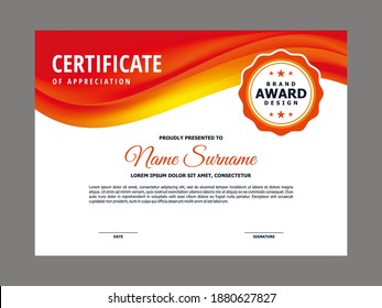 Abstract Smooth Certificate with Orange Yellow Wavy Element Design, Professional, Modern, Elegant Certificate with Mesh Gradient Background Template Vector