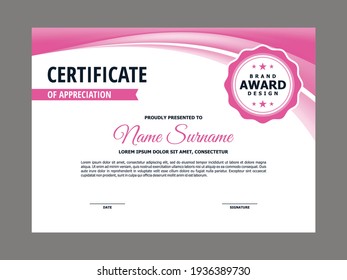 Abstract Smooth Certificate with Pink Curve Element Design, Professional, Modern, Elegant Certificate with Mesh Gradient Background Template Vector
