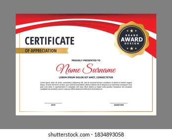 Abstract Smooth Certificate with Red Curvy Element Design, Professional, Modern, Elegant Certificate with Golden Badge Template Vector