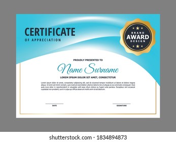 Abstract Smooth Certificate with Soft Blue Background Element Design, Professional, Modern, Elegant Certificate with Golden Badge Template Vector