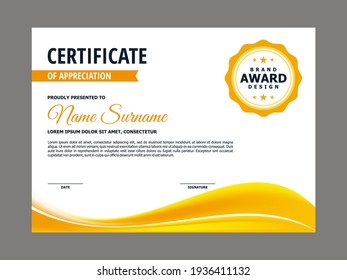 Abstract Smooth Certificate with Yellow Wavy Element Design, Professional, Modern, Elegant Certificate with Mesh Gradient Background Template Vector