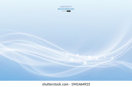 Resumen de una onda de color suave con brillo claro en el fondo azul. Movimiento blanco de flujo de curvas. Ilustración vectorial.