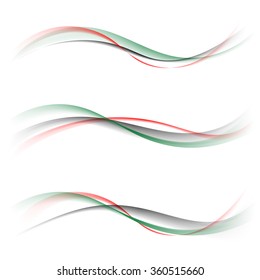 Abstract smooth color wave vector set on white background. Curve flow red green black smoke pattern motion illustration. 