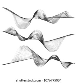 Abstract smooth curved line Design element Technological background with creative wavy black line Stylization of digital equalizer audio Smooth flowing wavy stripes made by blend Vector graphic set
