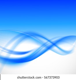 Abstract smooth design background with blue wavy bent lines in soft dynamic style. Vector illustration