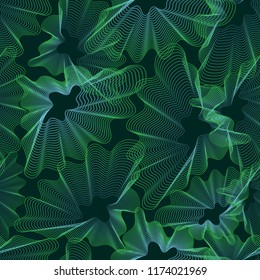 Abstract smooth forms with dynamic wavy lines on a dark background. Seamless pattern. Vector design. 