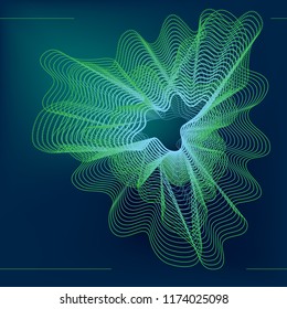 Abstract smooth forms with dynamic wavy lines on a dark background. Vector design. Poster