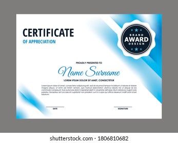 Abstract Smooth Fresh Blue Geometric Certificate Design, Professional Modern Certificate with Blurry Blue Stripped Corner Background Template Vector