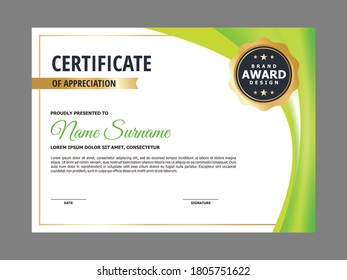 Abstract Smooth Fresh Natural Green Curvy Certificate Design, Professional Modern Blurry Green White Certificate with Golden Ornament Template Vector