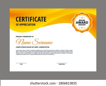 Abstract Smooth Fresh Orange Certificate Design, Professional Modern Certificate with Blurry Yellow Orange Wavy Background Template Vector