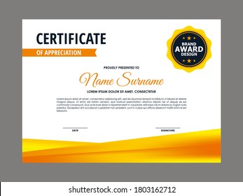Abstract Smooth Fresh Yellow Orange Mesh Gradient Certificate Design, Professional Modern Certificate Template Vector