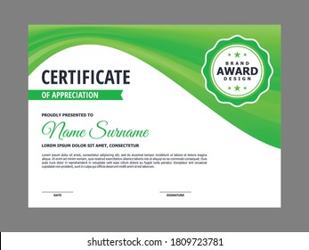 Abstract Smooth Green Certificate Design, Professional Modern Certificate with Blurry Green Wavy Element Background Template Vector
