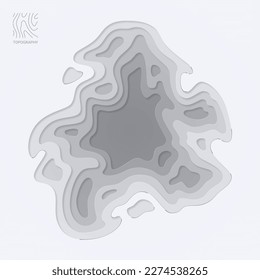 Abstract smooth origami shape paper cut topographic background. Papercut multi layers gray color texture, curved layers and elevation contour lines vector illustration